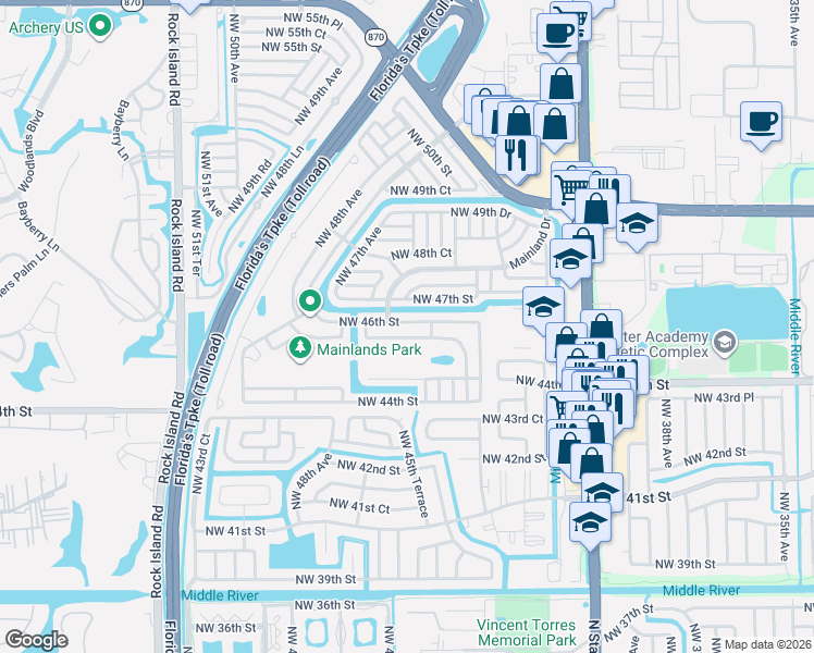 map of restaurants, bars, coffee shops, grocery stores, and more near 4515 Northwest 46th Street in Tamarac
