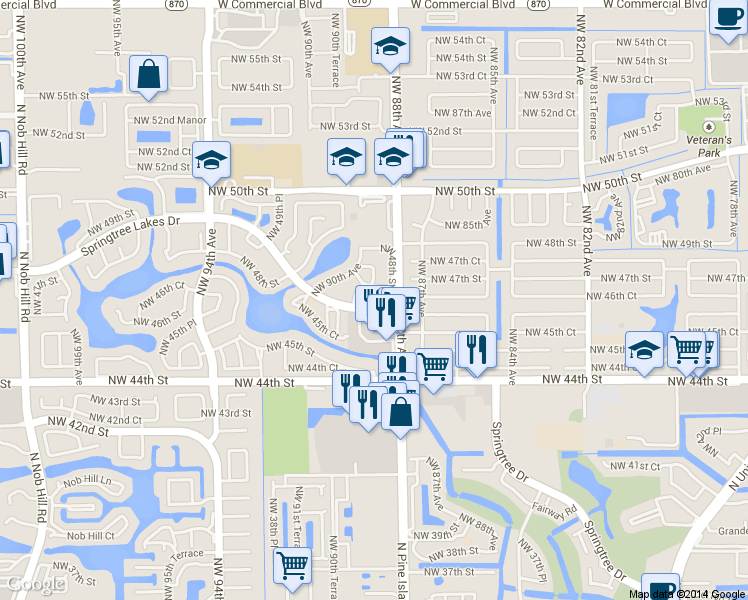 map of restaurants, bars, coffee shops, grocery stores, and more near 8827 Springtree Lakes Drive in Sunrise