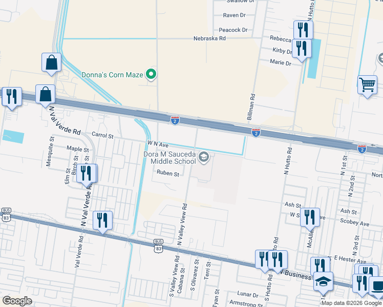 map of restaurants, bars, coffee shops, grocery stores, and more near 702 Ciro Street in Donna
