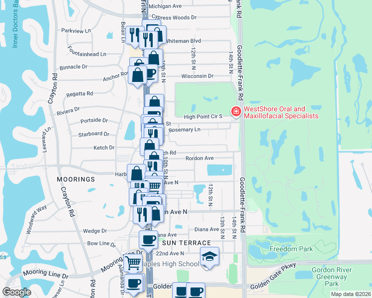 map of restaurants, bars, coffee shops, grocery stores, and more near 1123 Creech Road in Naples