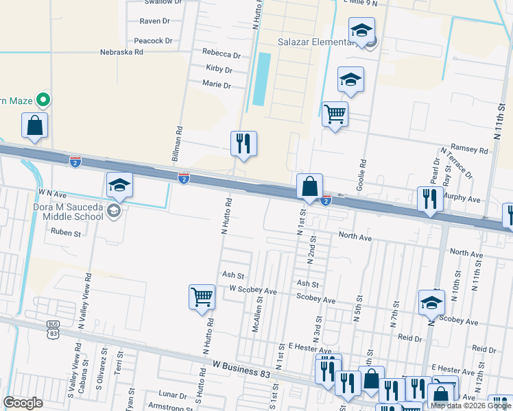 map of restaurants, bars, coffee shops, grocery stores, and more near 401 North Hutto Road in Donna