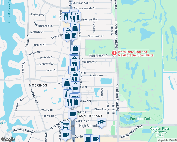 map of restaurants, bars, coffee shops, grocery stores, and more near 1123 Creech Road in Naples
