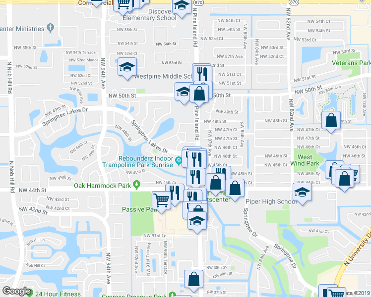 map of restaurants, bars, coffee shops, grocery stores, and more near 8827 Springtree Lakes Drive in Sunrise