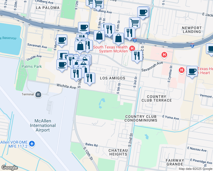 map of restaurants, bars, coffee shops, grocery stores, and more near 3107 South 6th Street in McAllen
