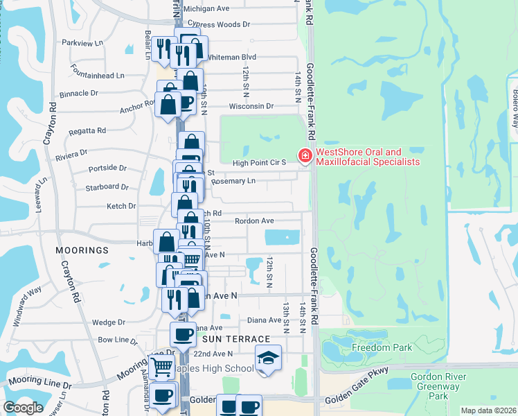 map of restaurants, bars, coffee shops, grocery stores, and more near 1273 Creech Road in Naples