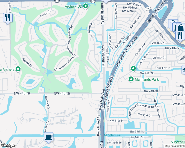 map of restaurants, bars, coffee shops, grocery stores, and more near 4601 Bayberry Lane in Tamarac