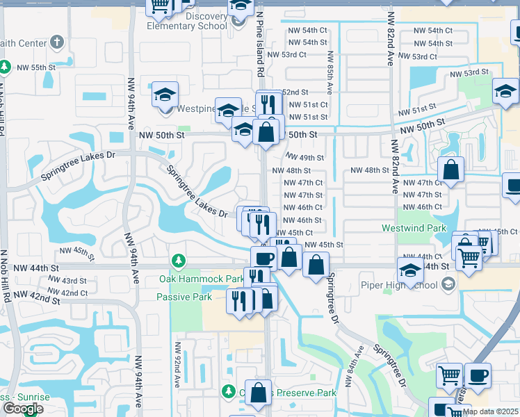 map of restaurants, bars, coffee shops, grocery stores, and more near 3158 Northwest 88th Avenue in Sunrise