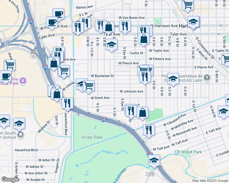 map of restaurants, bars, coffee shops, grocery stores, and more near West Johnson Avenue in Harlingen