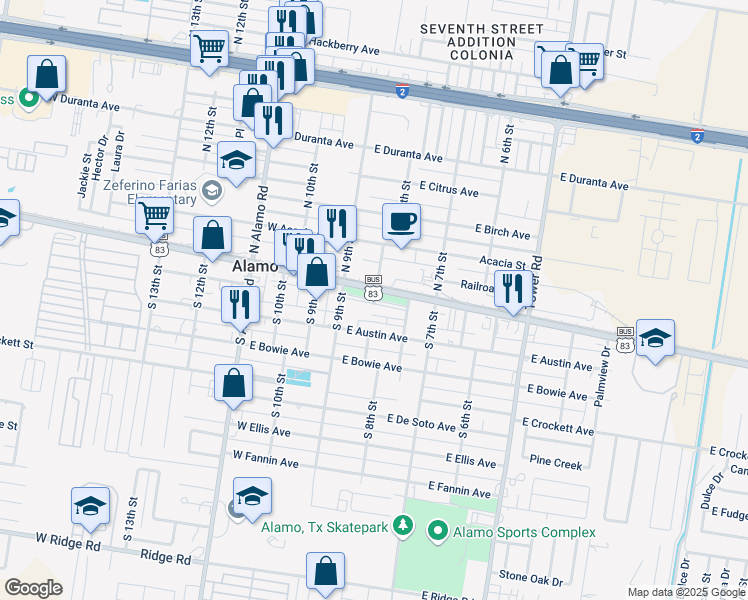 map of restaurants, bars, coffee shops, grocery stores, and more near Main Street in Alamo