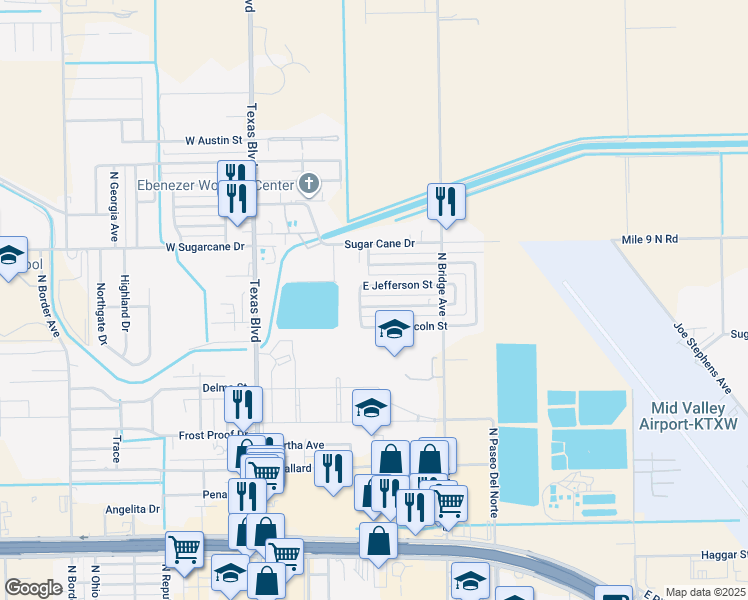 map of restaurants, bars, coffee shops, grocery stores, and more near 601 East Roosevelt Street in Weslaco