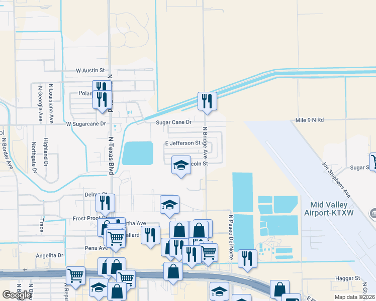map of restaurants, bars, coffee shops, grocery stores, and more near 715 East Roosevelt Street in Weslaco