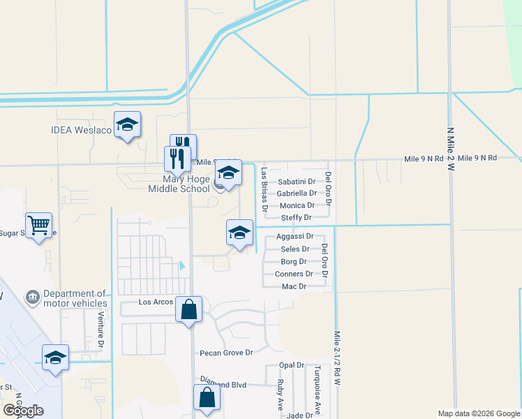 map of restaurants, bars, coffee shops, grocery stores, and more near 2121 Las Brisas Drive in Weslaco