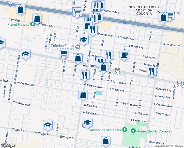 map of restaurants, bars, coffee shops, grocery stores, and more near 128 South 10th Street in Alamo