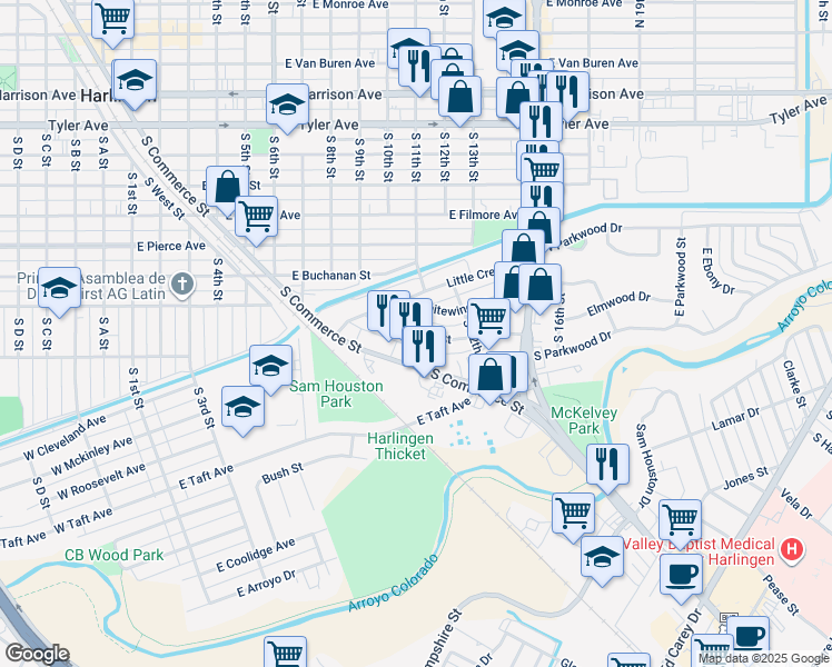 map of restaurants, bars, coffee shops, grocery stores, and more near 1049 Greenway Street in Harlingen
