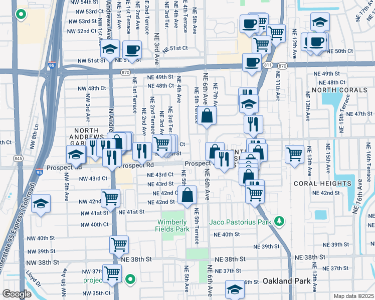 map of restaurants, bars, coffee shops, grocery stores, and more near 441 Northeast 45th Street in Fort Lauderdale