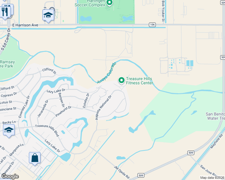 map of restaurants, bars, coffee shops, grocery stores, and more near 2929 North Augusta National Drive in Harlingen