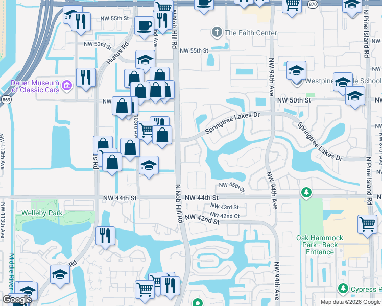 map of restaurants, bars, coffee shops, grocery stores, and more near 9925 Northwest 46th Place in Sunrise