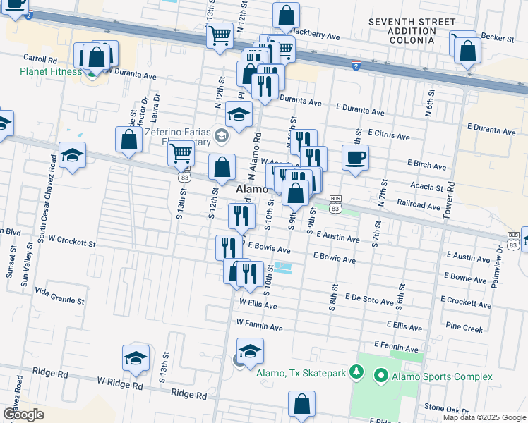 map of restaurants, bars, coffee shops, grocery stores, and more near 128 South 10th Street in Alamo