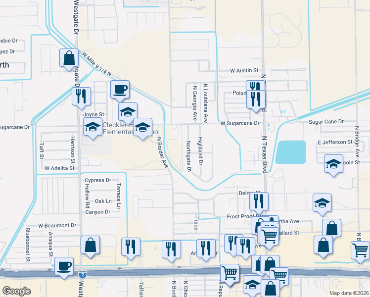 map of restaurants, bars, coffee shops, grocery stores, and more near 2213 Northgate Drive in Weslaco
