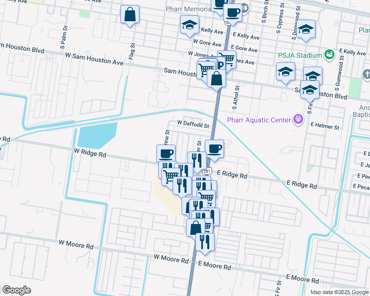 map of restaurants, bars, coffee shops, grocery stores, and more near 1210 South Azalea Street in Pharr