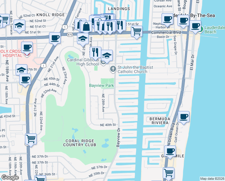 map of restaurants, bars, coffee shops, grocery stores, and more near 2930 Northeast 44th Street in Fort Lauderdale