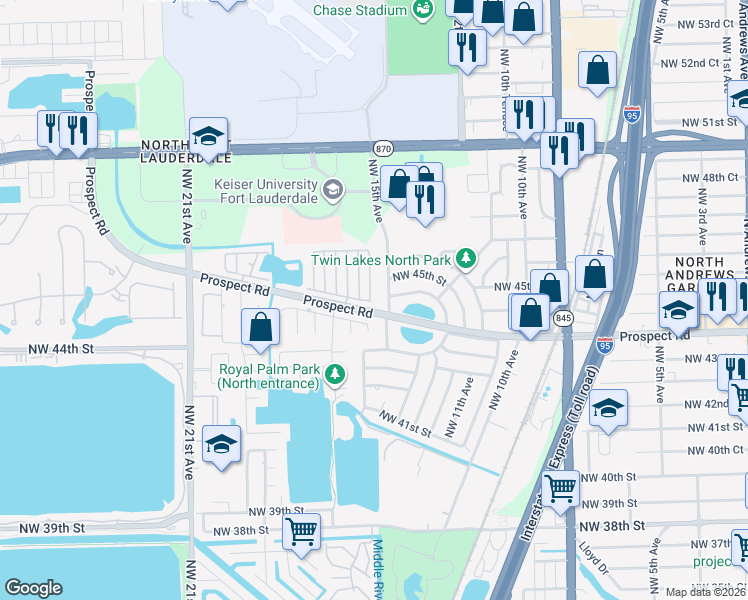 map of restaurants, bars, coffee shops, grocery stores, and more near 4550 Northwest 16th Avenue in Fort Lauderdale