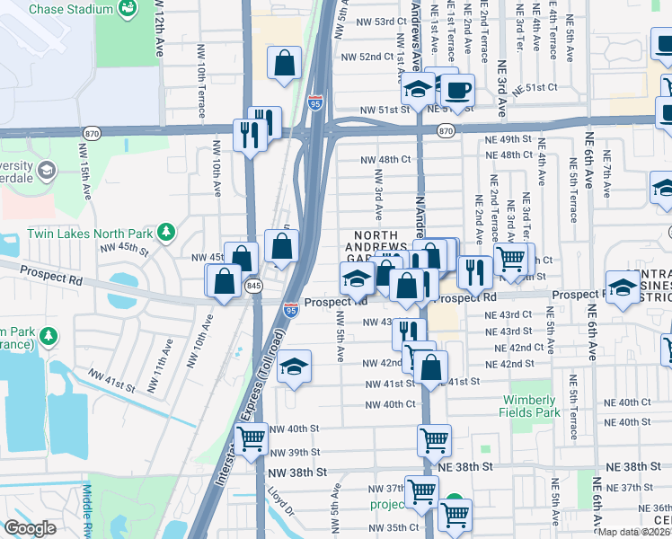 map of restaurants, bars, coffee shops, grocery stores, and more near 518 Northwest 45th Court in Fort Lauderdale