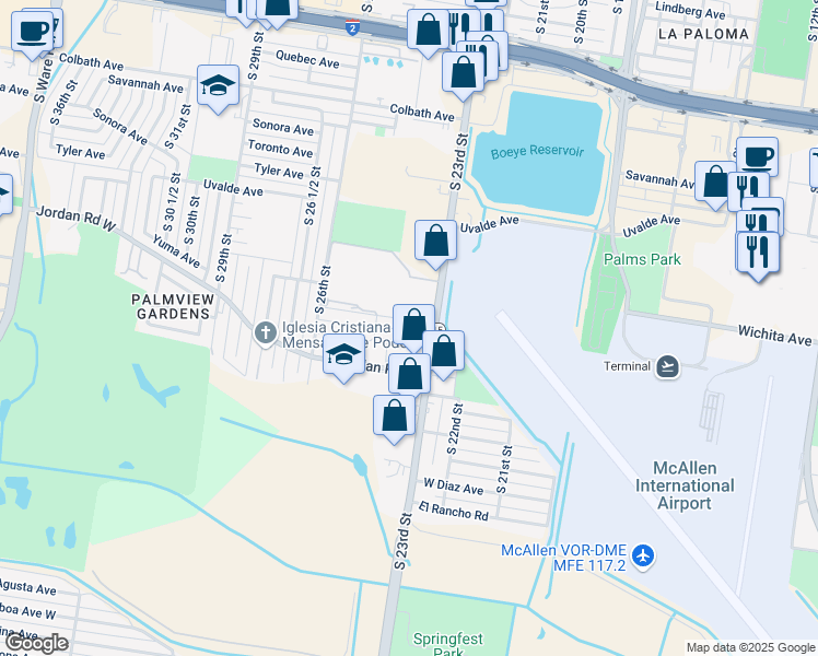 map of restaurants, bars, coffee shops, grocery stores, and more near 2400 Yuma Avenue in McAllen