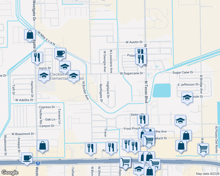 map of restaurants, bars, coffee shops, grocery stores, and more near 2210 Highland Drive in Weslaco