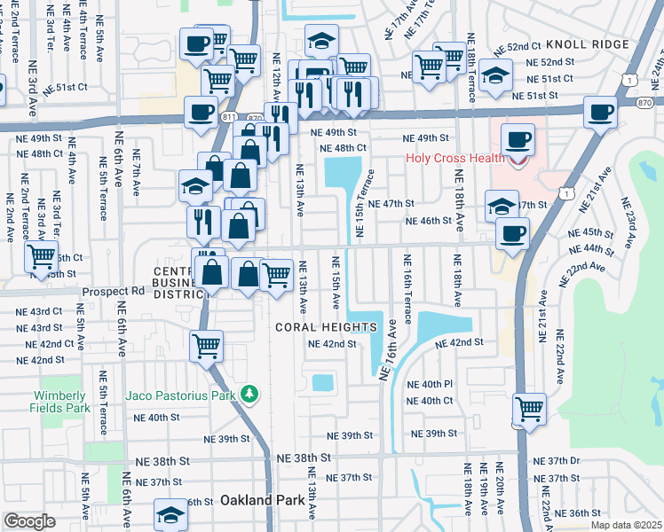 map of restaurants, bars, coffee shops, grocery stores, and more near 4431 Northeast 15th Avenue in Oakland Park