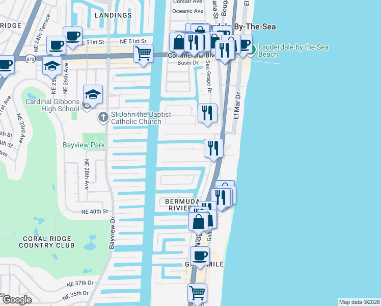 map of restaurants, bars, coffee shops, grocery stores, and more near 248 Codrington Drive in Lauderdale-by-the-Sea