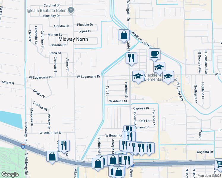 map of restaurants, bars, coffee shops, grocery stores, and more near 2001 West Roosevelt Street in Weslaco