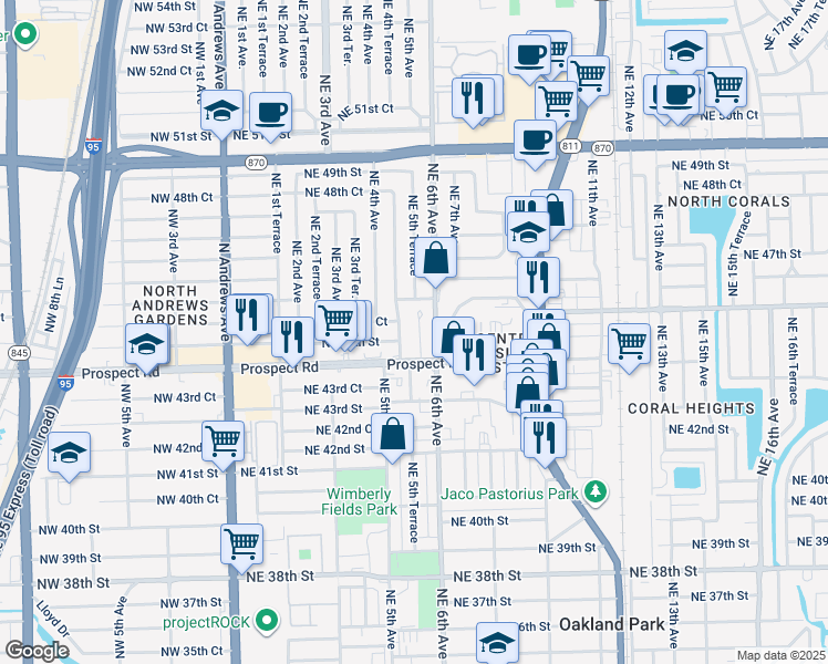 map of restaurants, bars, coffee shops, grocery stores, and more near 4511n Northeast 6th Avenue in Oakland Park