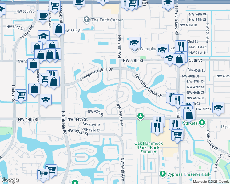 map of restaurants, bars, coffee shops, grocery stores, and more near 9402 Northwest 46th Street in Sunrise