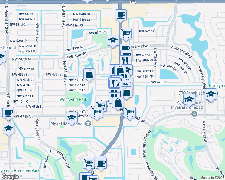 map of restaurants, bars, coffee shops, grocery stores, and more near 4630 Northwest 77th Terrace in Lauderhill