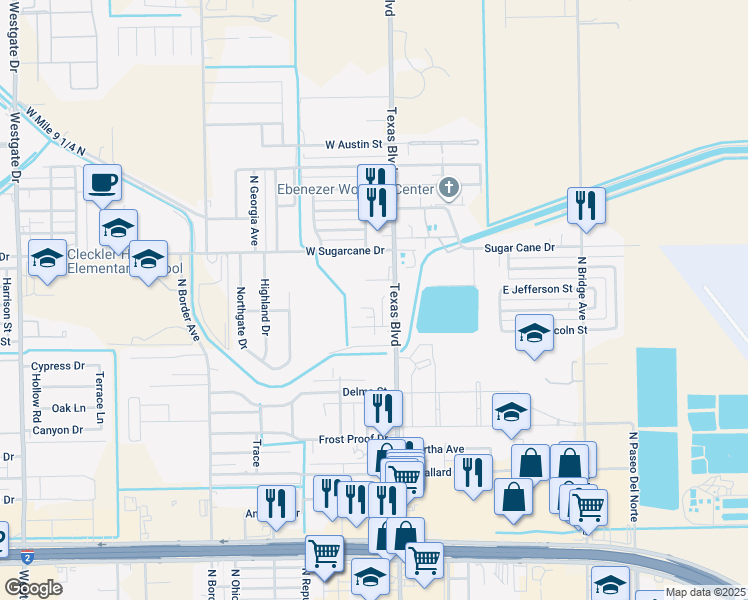 map of restaurants, bars, coffee shops, grocery stores, and more near 1909 Maria Isabel Drive in Weslaco