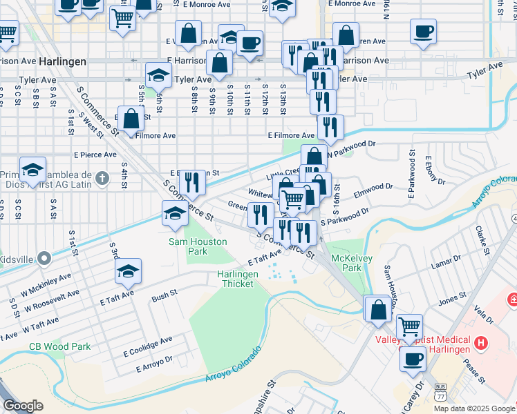 map of restaurants, bars, coffee shops, grocery stores, and more near 1049 Greenway Street in Harlingen