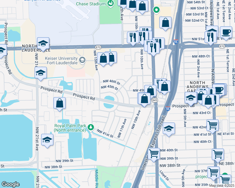 map of restaurants, bars, coffee shops, grocery stores, and more near 4520 Northwest 12th Terrace in Fort Lauderdale