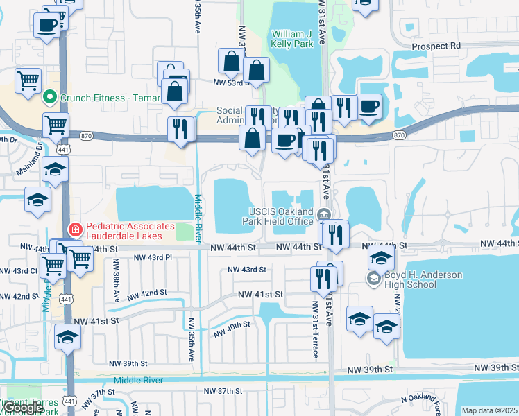 map of restaurants, bars, coffee shops, grocery stores, and more near 3287 Northwest 44th Street in Oakland Park
