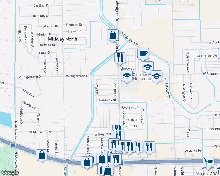 map of restaurants, bars, coffee shops, grocery stores, and more near 1815 W Roosevelt St in Weslaco