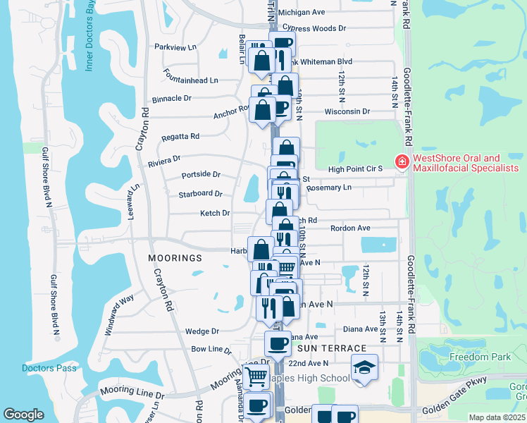 map of restaurants, bars, coffee shops, grocery stores, and more near 2955 Riviera Drive in Naples