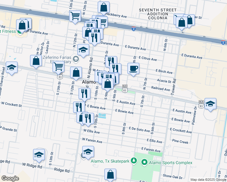 map of restaurants, bars, coffee shops, grocery stores, and more near 111 South 9th Street in Alamo
