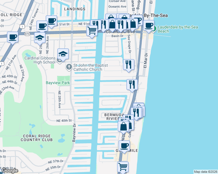 map of restaurants, bars, coffee shops, grocery stores, and more near 272 Codrington Drive in Lauderdale-by-the-Sea