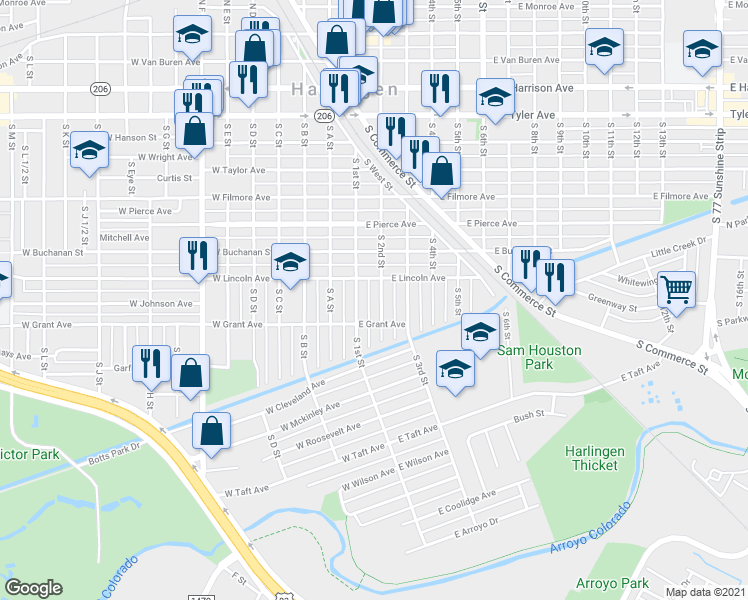 map of restaurants, bars, coffee shops, grocery stores, and more near 1022 S 2nd St in Harlingen