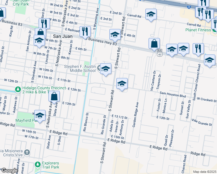 map of restaurants, bars, coffee shops, grocery stores, and more near 1110 South Stewart Road in San Juan
