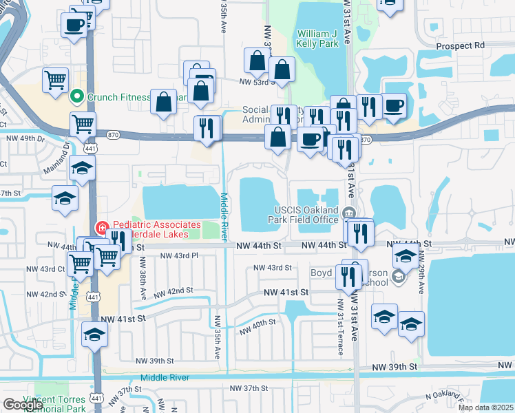 map of restaurants, bars, coffee shops, grocery stores, and more near 3433 Northwest 44th Street in Lauderdale Lakes