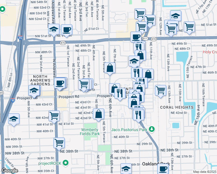 map of restaurants, bars, coffee shops, grocery stores, and more near 4511n Northeast 6th Avenue in Oakland Park