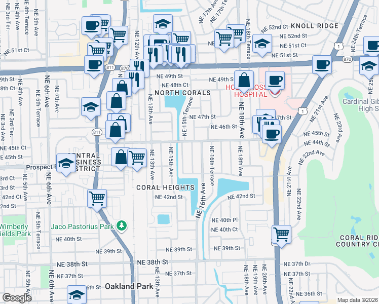 map of restaurants, bars, coffee shops, grocery stores, and more near 4431 Northeast 15th Way in Oakland Park