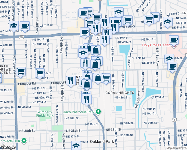map of restaurants, bars, coffee shops, grocery stores, and more near 1049 Northeast 44th Court in Oakland Park