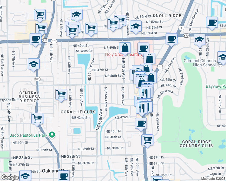 map of restaurants, bars, coffee shops, grocery stores, and more near 4430 Northeast 17th Avenue in Oakland Park